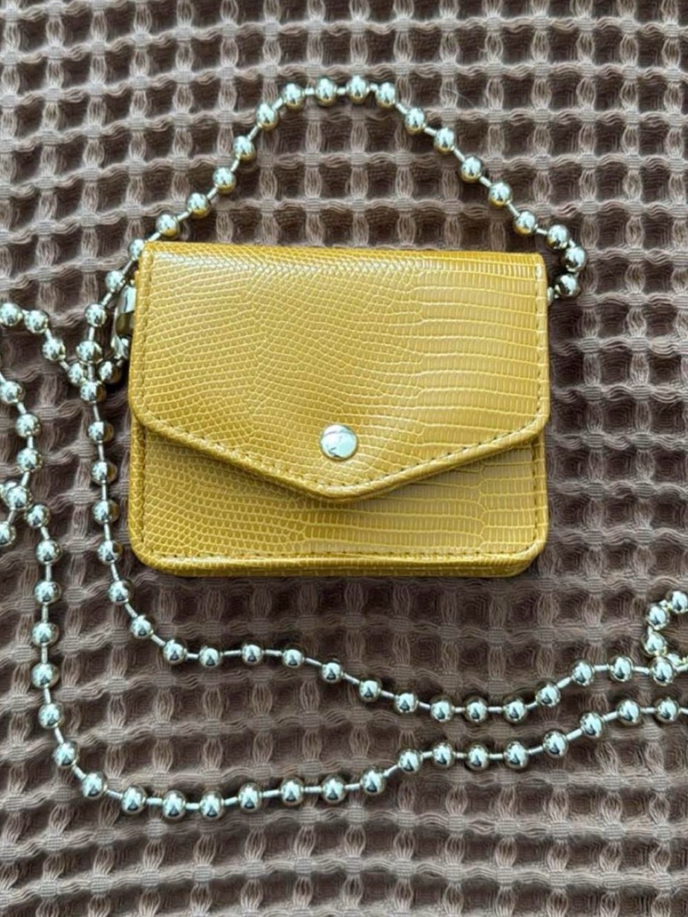 Yellow Textured Mini Crossbody Bag with Silver Bead Chain